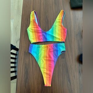 Rainbow Striped Limeblonde rave/Bikini Set